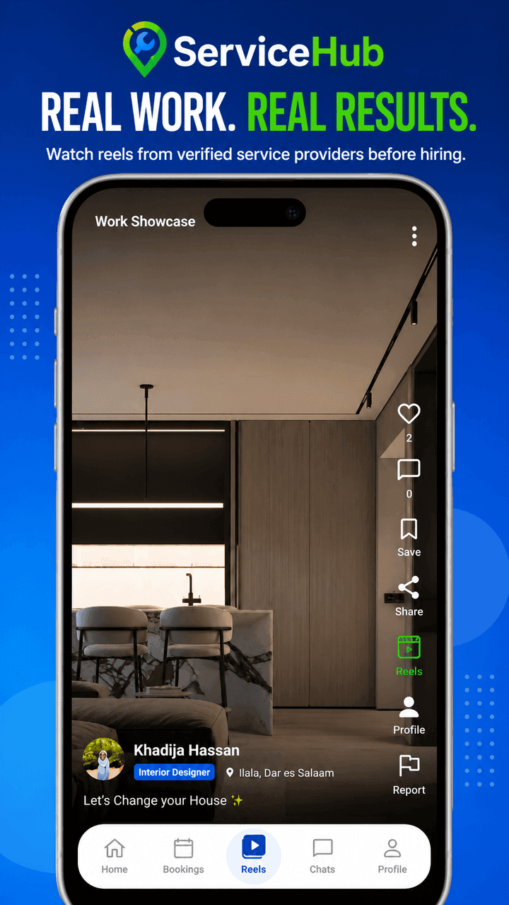 ServiceHub app — Reels screen